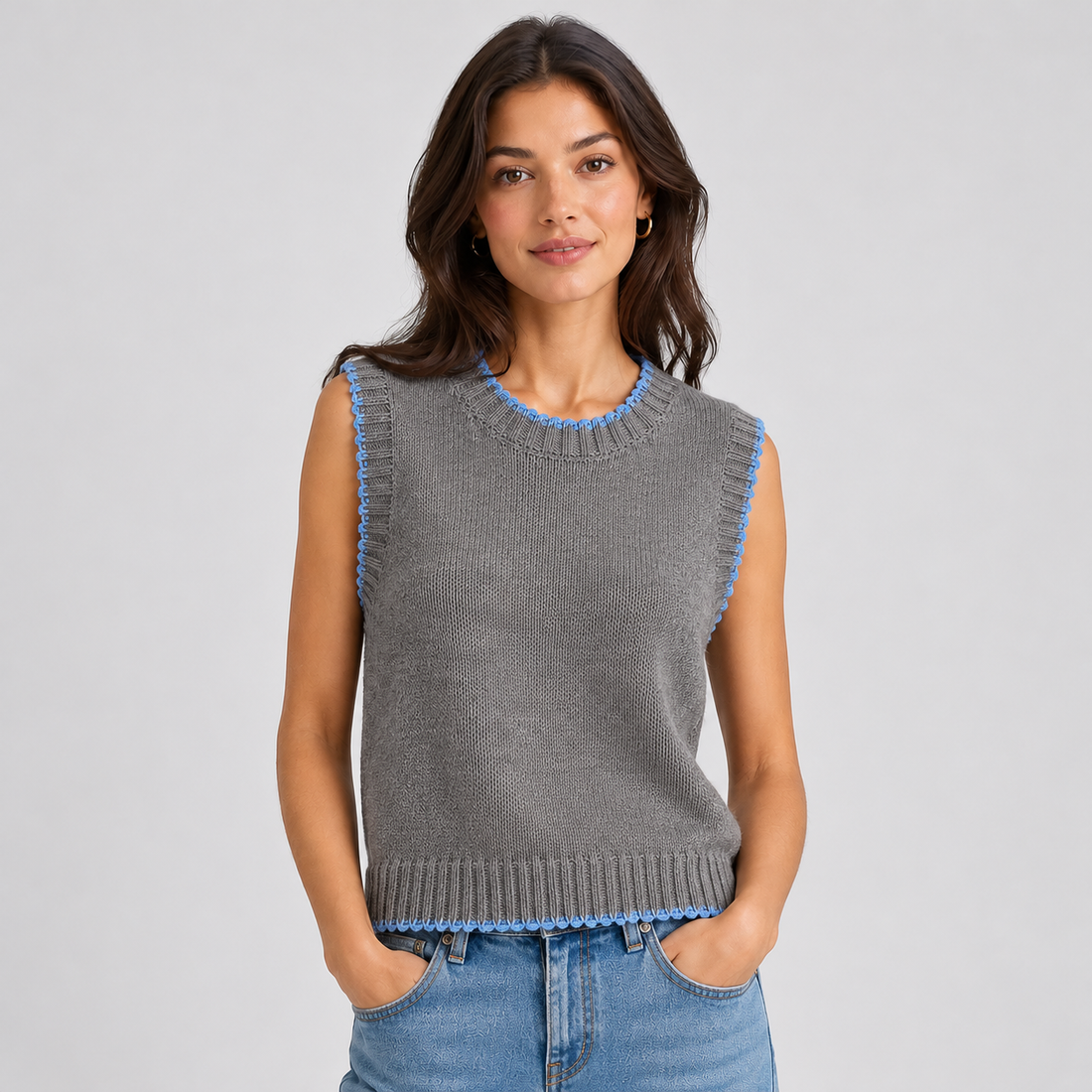 Montarello women's contrast trim sweater vest – grey – studio photograph