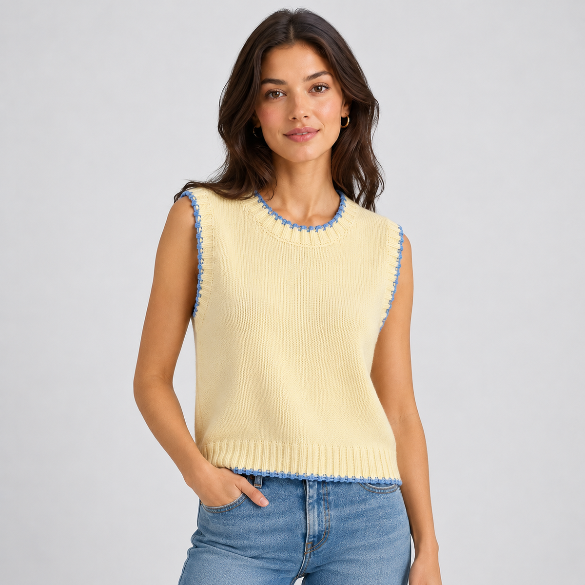 Montarello women's contrast trim sweater vest – light yellow – studio photograph