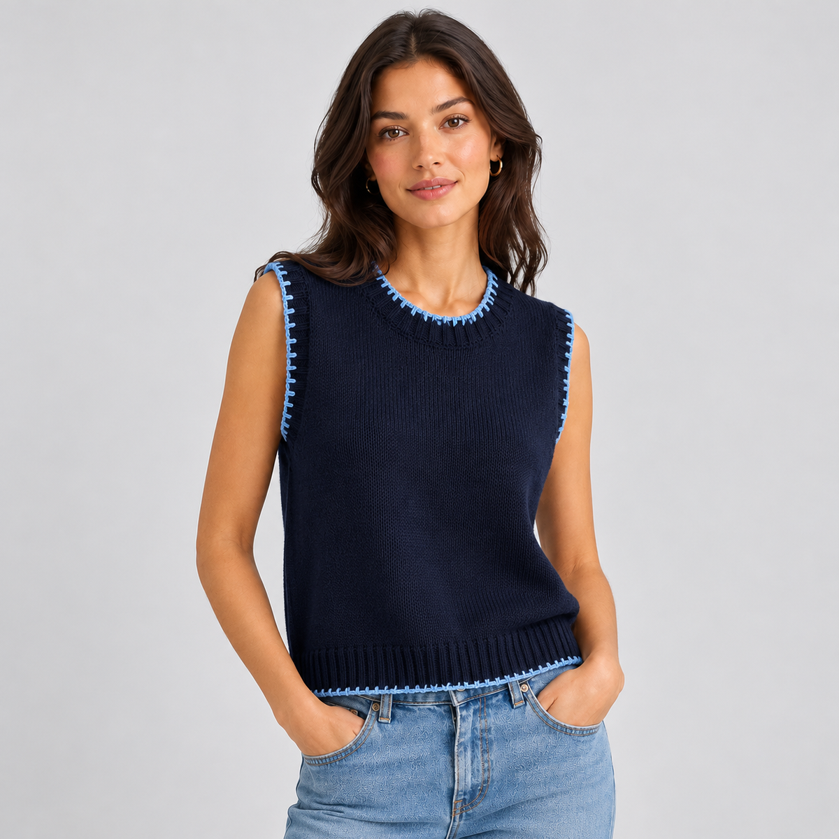 Montarello women's contrast trim sweater vest – navy – studio photograph