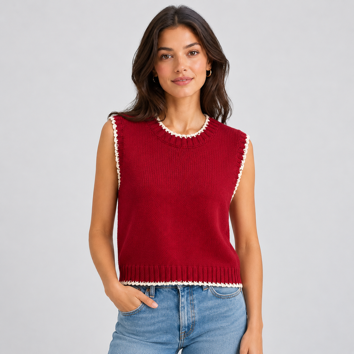Montarello women's contrast trim sweater vest – red – studio photograph