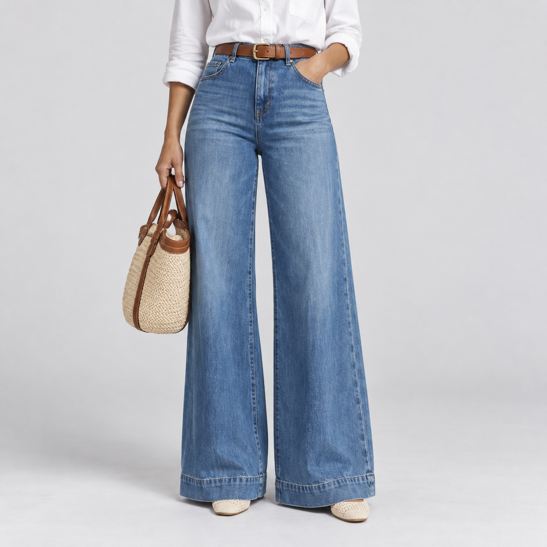 Montarello women's high waist wide leg jeans - corrected blue wash, front view