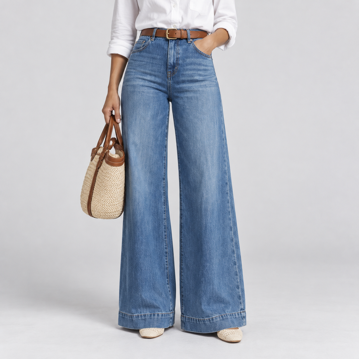 Montarello women's high waist wide leg jeans - corrected blue wash, front view