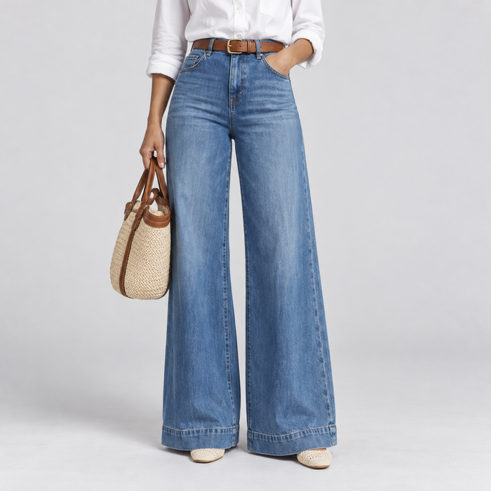 Montarello women's high waist wide leg jeans - corrected blue wash, front view