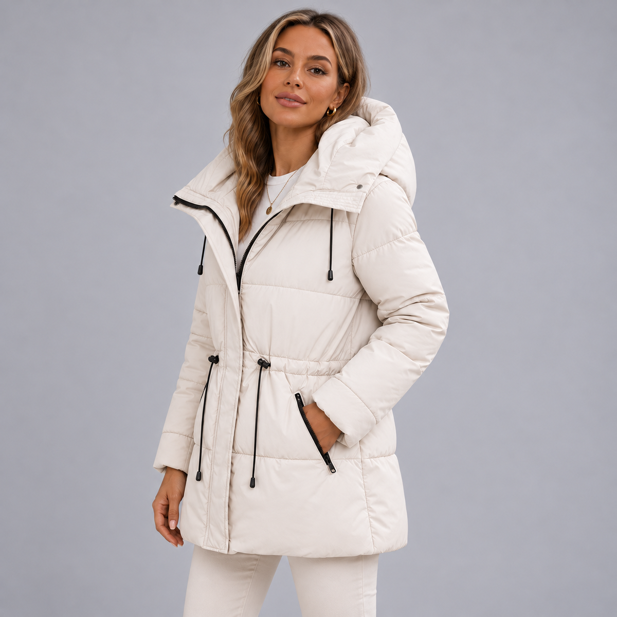 Montarello women's beige padded hooded parka - natural pose, head and jacket view