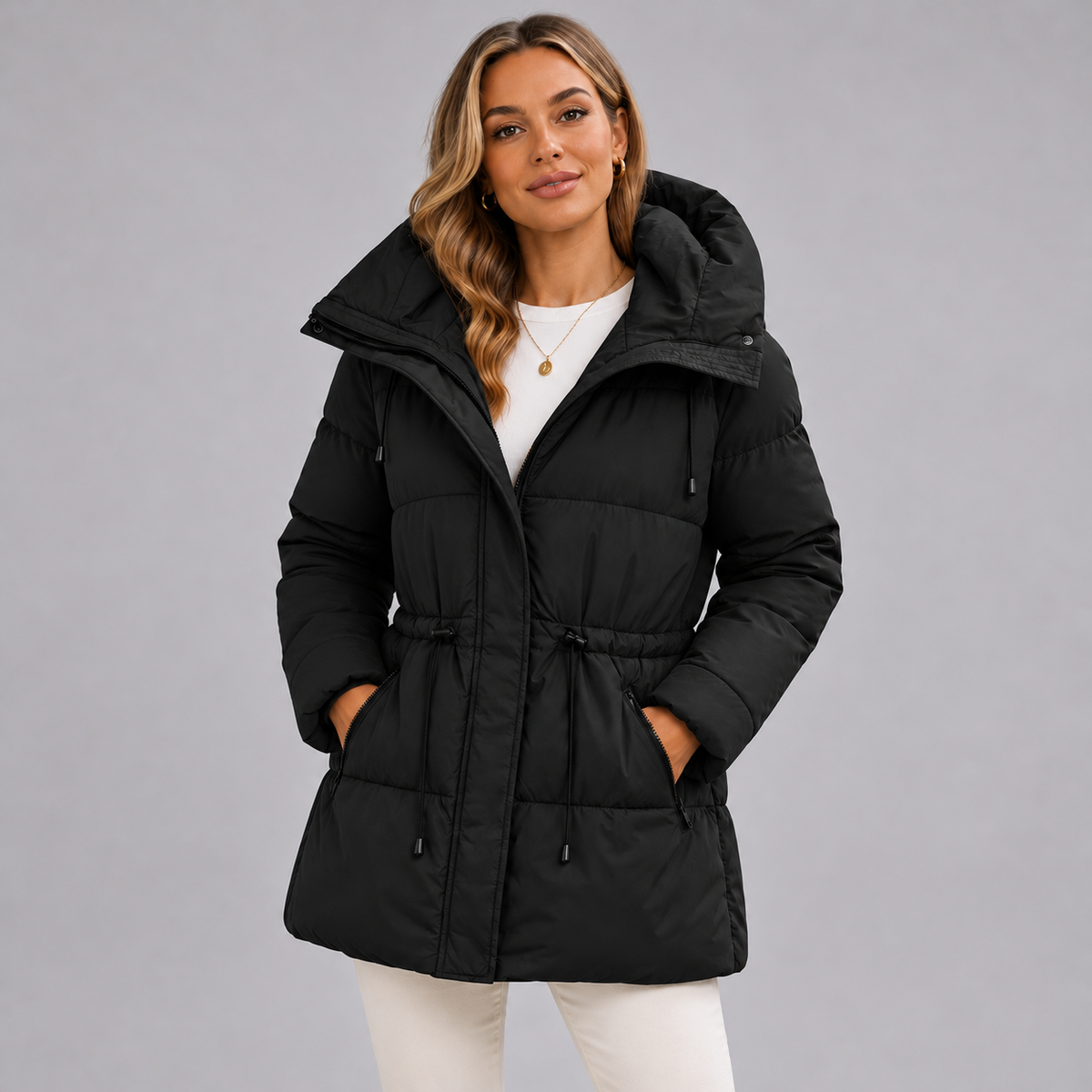 Montarello women's black padded hooded parka - natural pose, head and jacket view