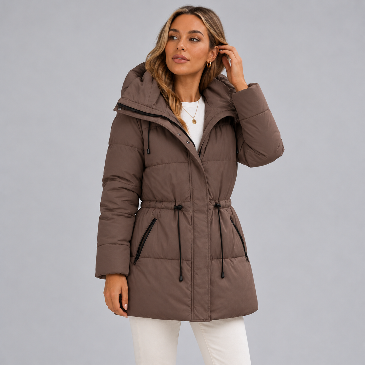 Montarello women's coffee padded hooded parka - natural pose, head and jacket view