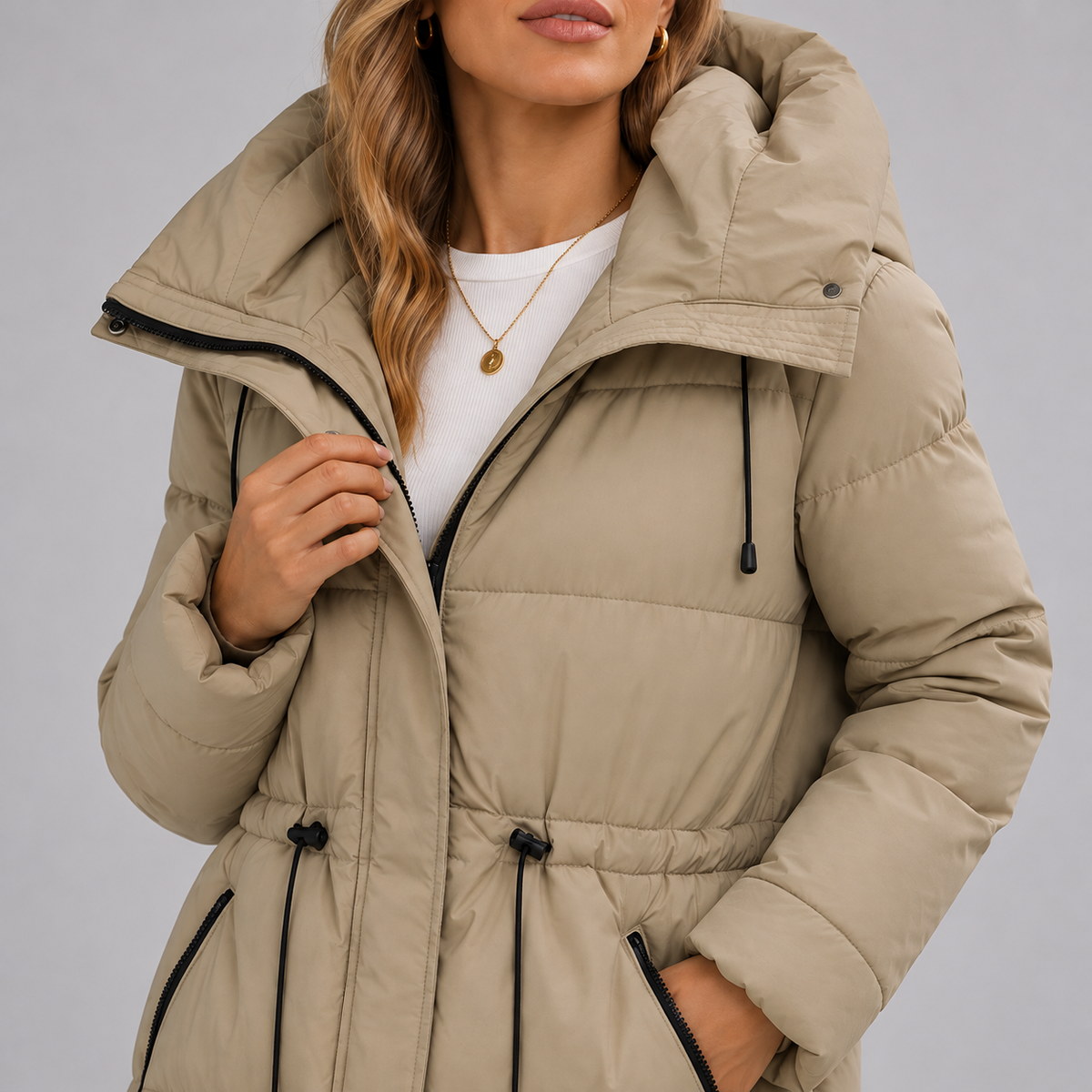 Montarello women's khaki padded hooded parka - close-up of hood, zip and padding