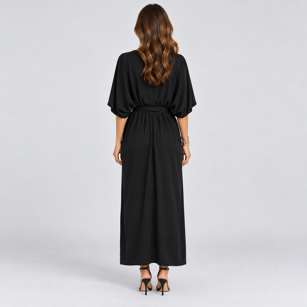 Montarello wrap midi dress – back – corrected studio photograph