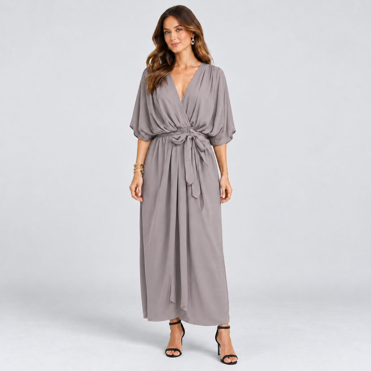 Montarello wrap midi dress – Grey – corrected studio photograph
