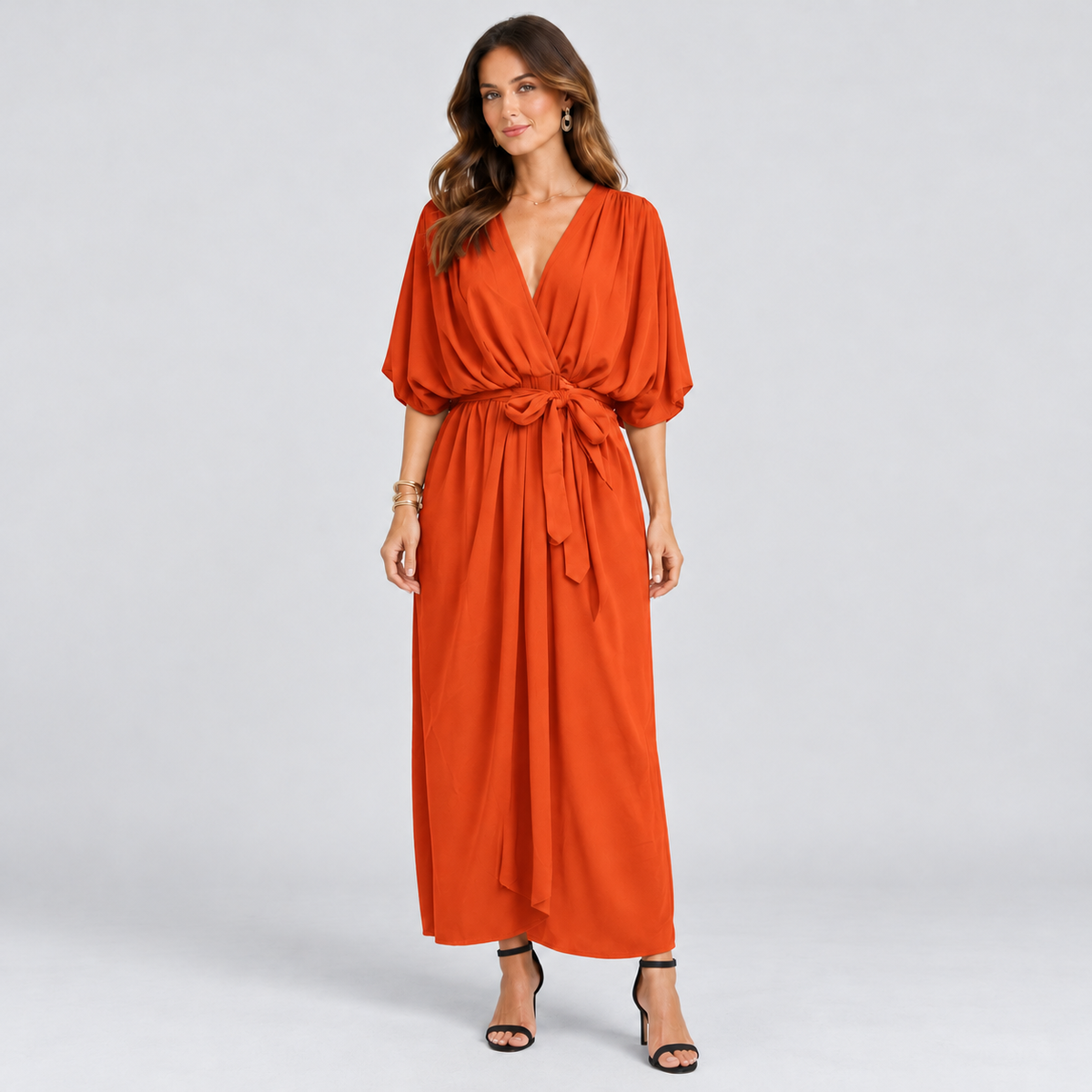 Montarello wrap midi dress – Orange – corrected studio photograph