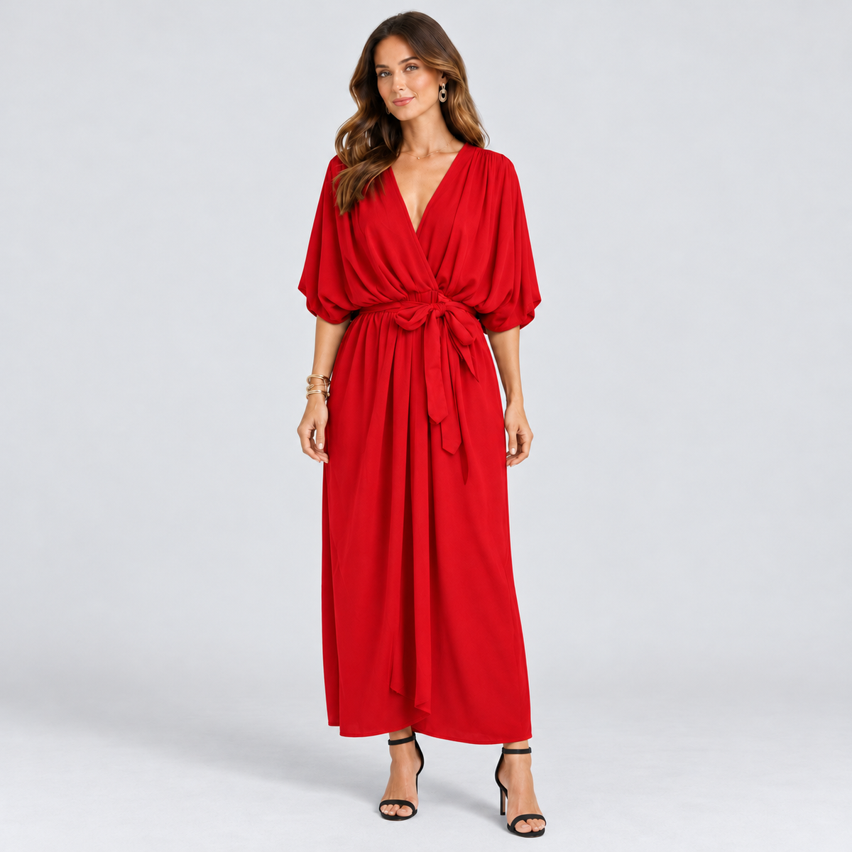 Montarello wrap midi dress – Red – corrected studio photograph