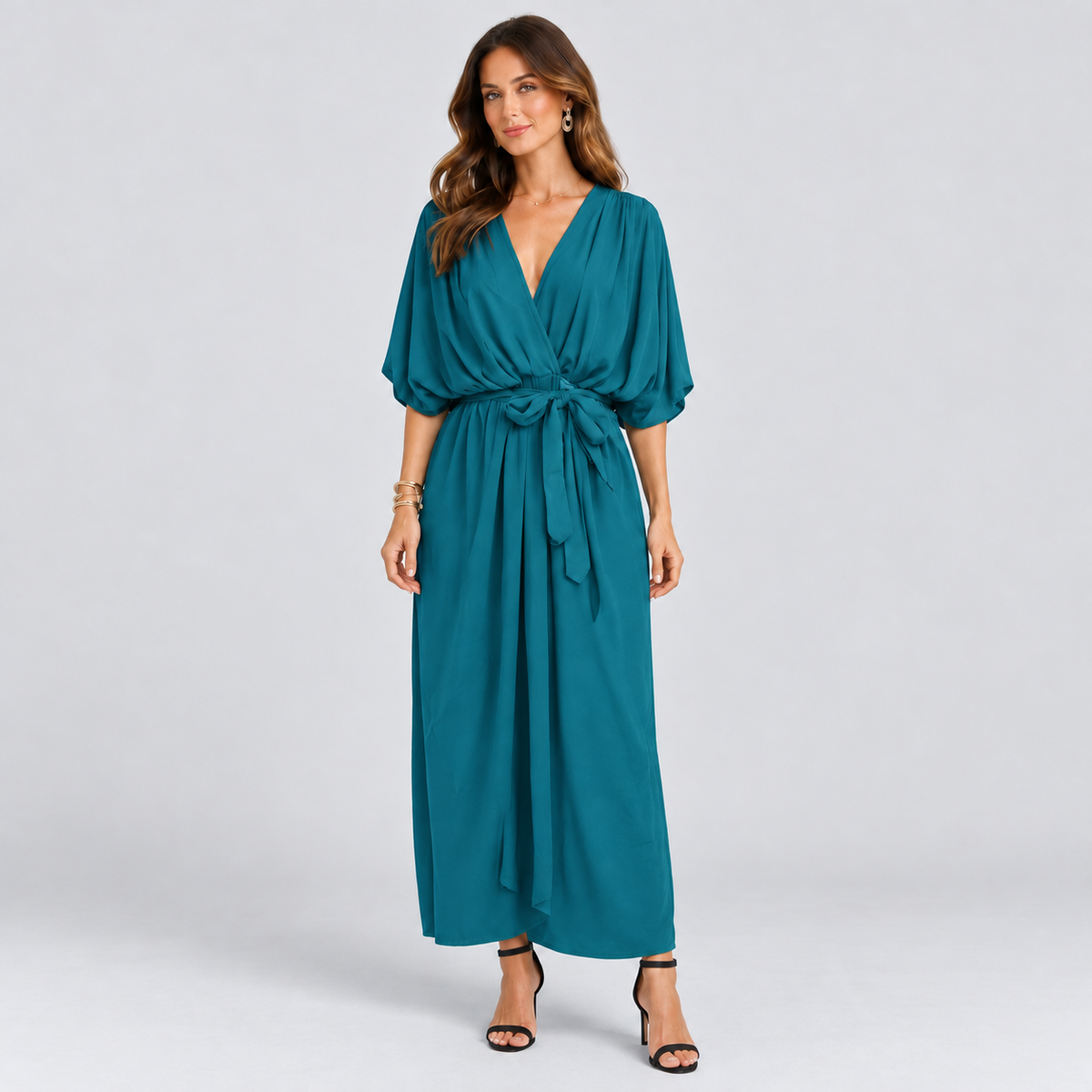 Montarello wrap midi dress – Teal – corrected studio photograph