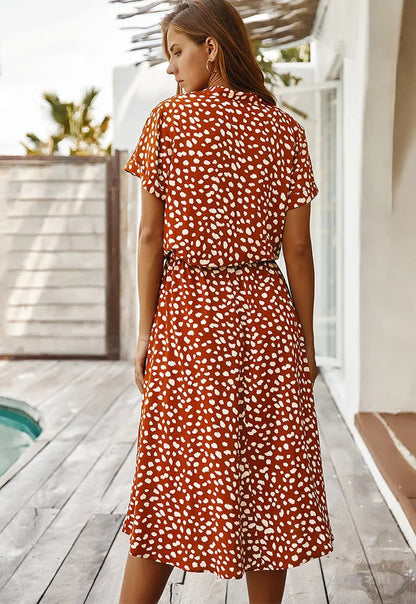 Montarello Women's Ditsy Print V-Neck Midi Dress Short Sleeve