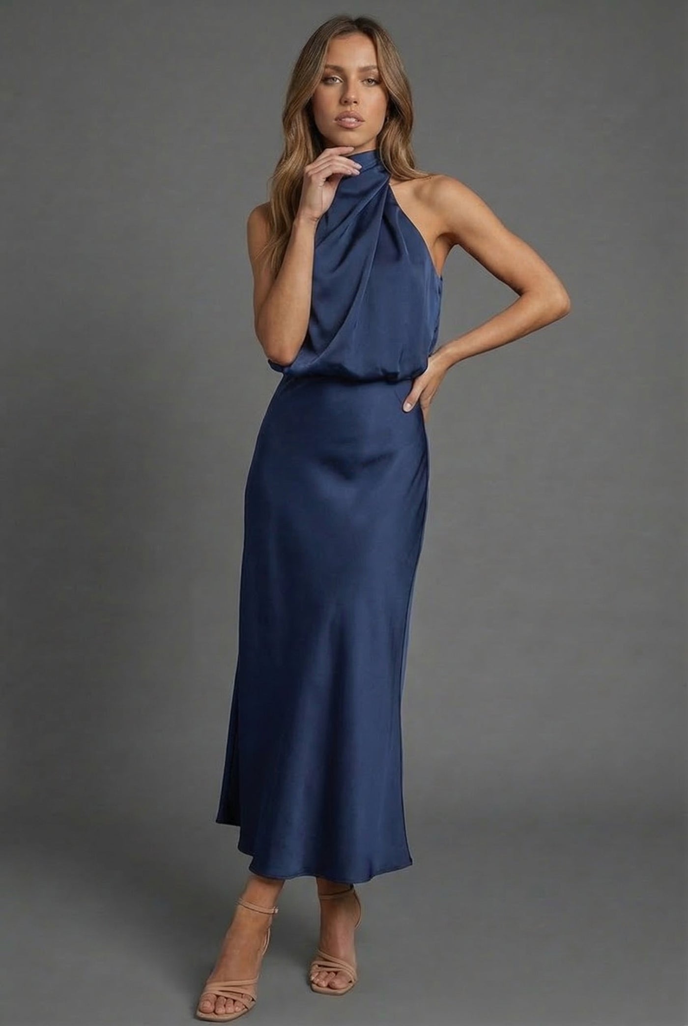 Montarello Women's Halterneck Satin-Look Wedding Guest Midi Dress