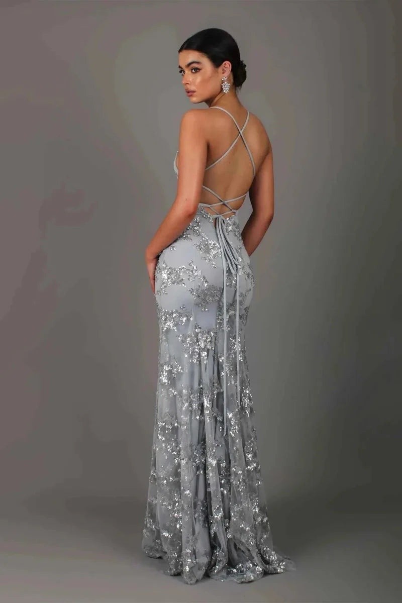 Montarello Women's Sequin Embellished Backless Evening Maxi Dress