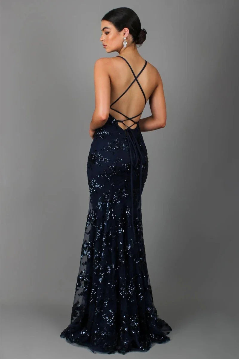 Montarello Women's Sequin Embellished Backless Evening Maxi Dress