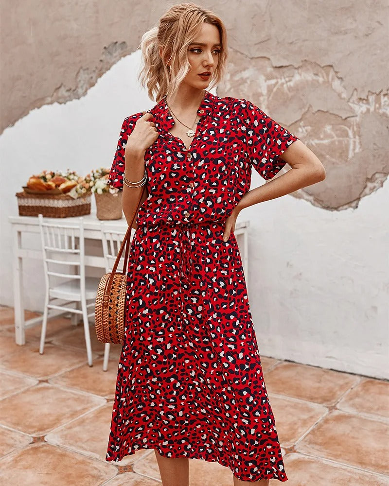 Montarello Women's Ditsy Print V-Neck Midi Dress Short Sleeve