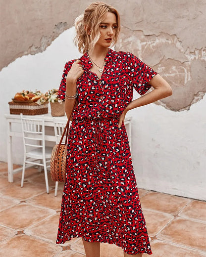 Montarello Women's Ditsy Print V-Neck Midi Dress Short Sleeve