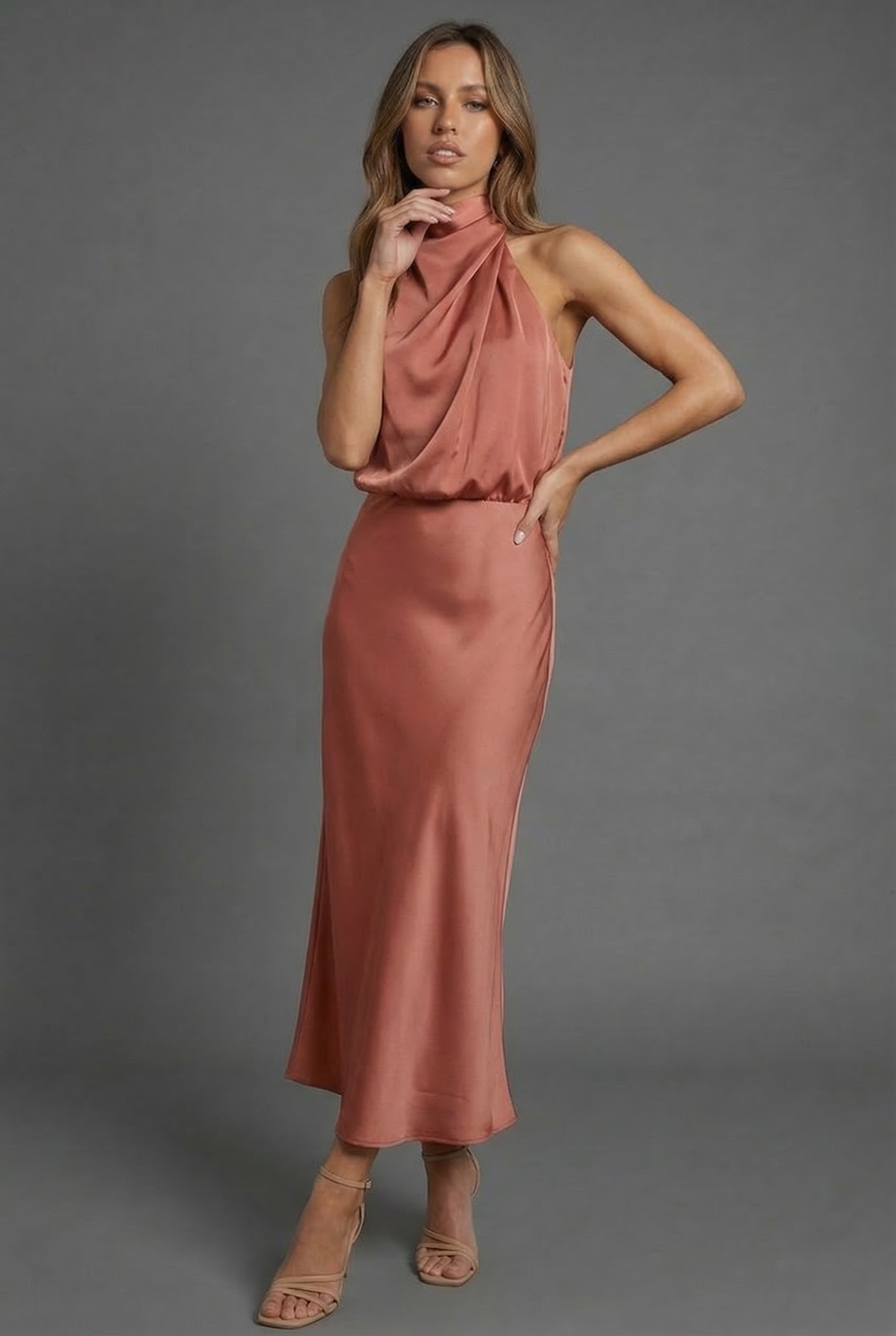 Montarello Women's Halterneck Satin-Look Wedding Guest Midi Dress