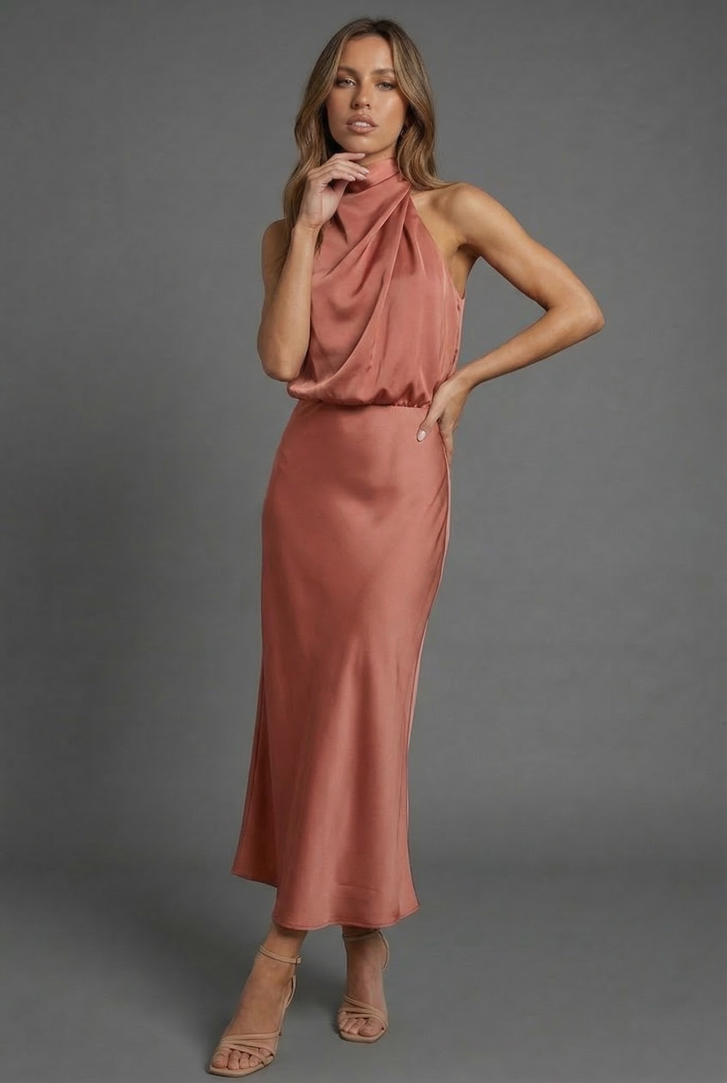 Montarello Women's Halterneck Satin-Look Wedding Guest Midi Dress