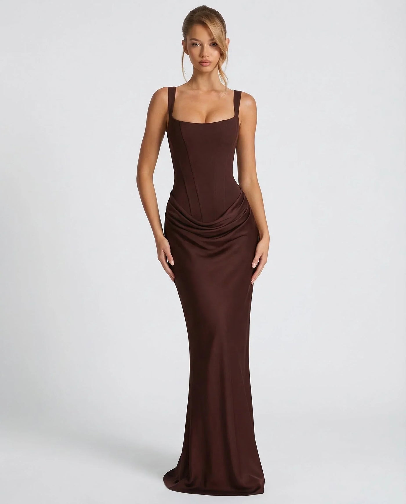 Montarello Women's Corset Bodice Draped Evening Maxi Dress