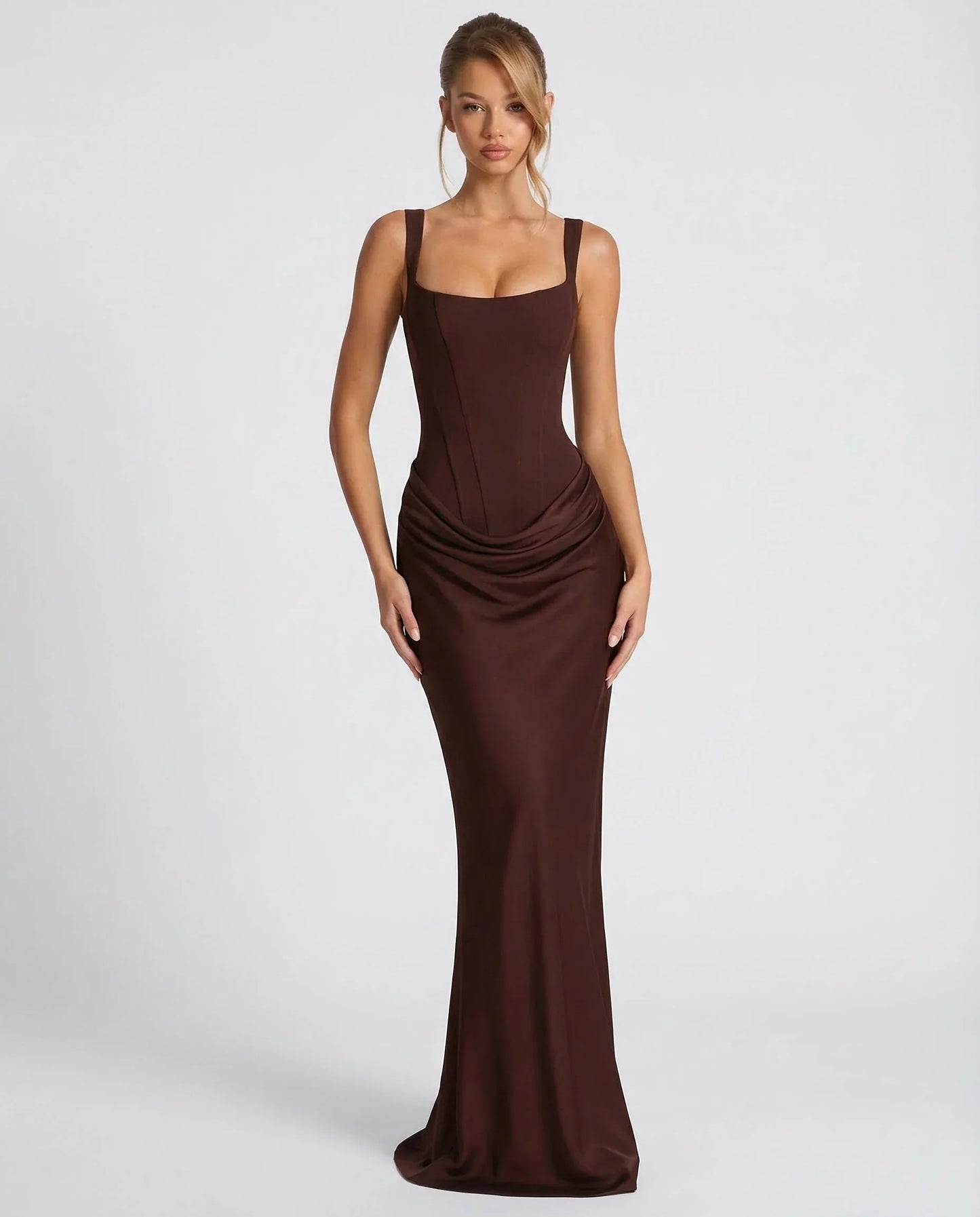 Montarello Women's Corset Bodice Draped Evening Maxi Dress