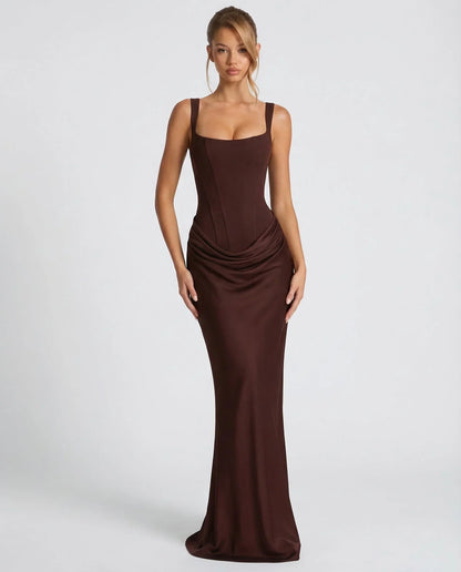 Montarello Women's Corset Bodice Draped Evening Maxi Dress