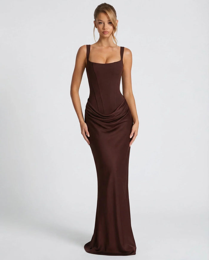 Montarello Women's Corset Bodice Draped Evening Maxi Dress