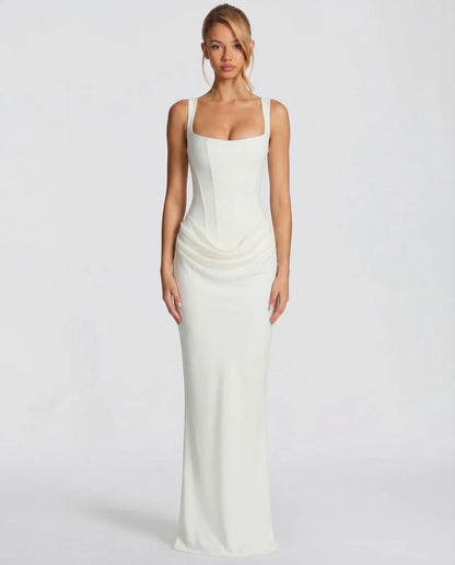 Montarello Women's Corset Bodice Draped Evening Maxi Dress