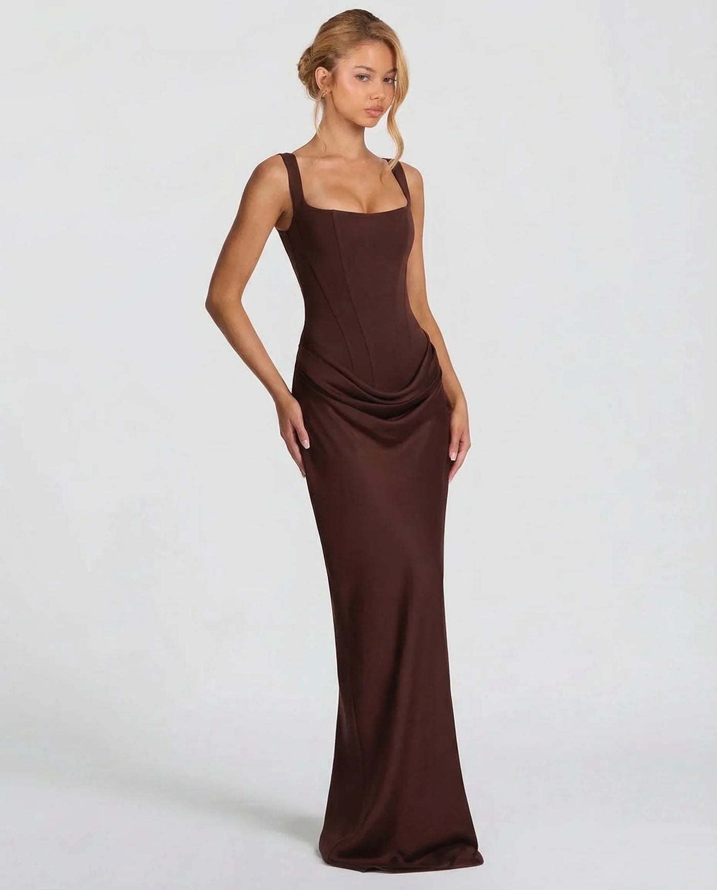 Montarello Women's Corset Bodice Draped Evening Maxi Dress