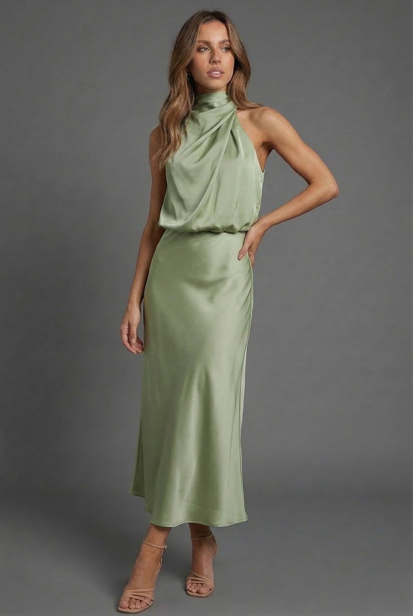 Montarello Women's Halterneck Satin-Look Wedding Guest Midi Dress