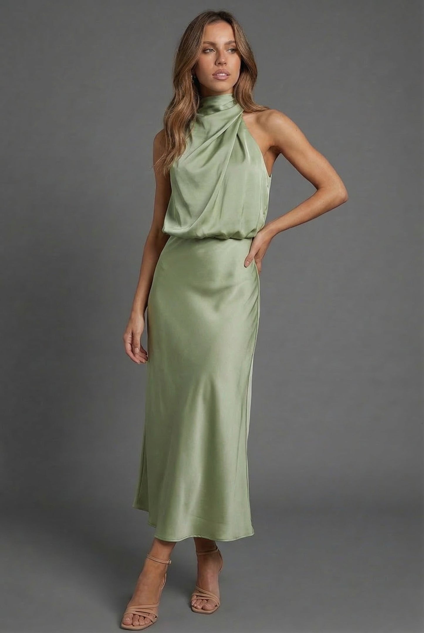 Montarello Women's Halterneck Satin-Look Wedding Guest Midi Dress