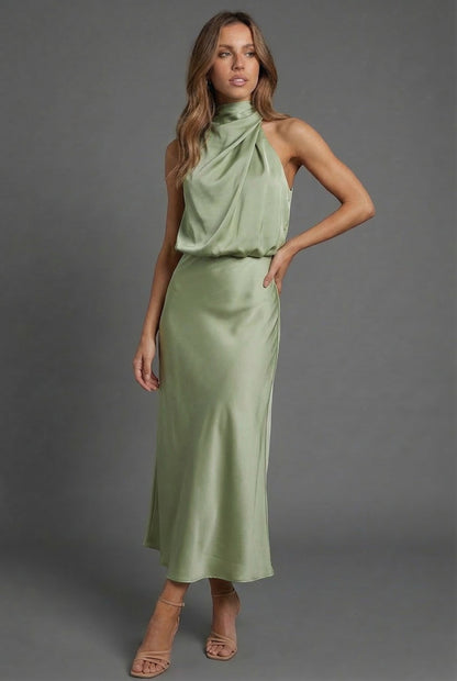 Montarello Women's Halterneck Satin-Look Wedding Guest Midi Dress