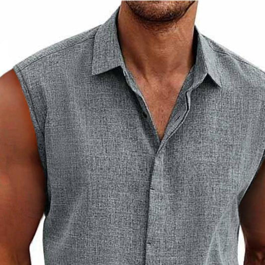 Montarello Men's Linen-Look Sleeveless Shirt Button-Down