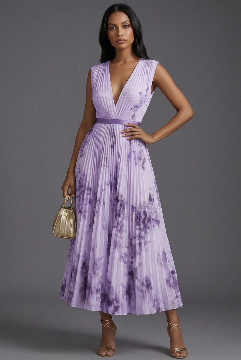 Montarello Women's V-Neck Pleated Floral Midi Wedding Guest Dress
