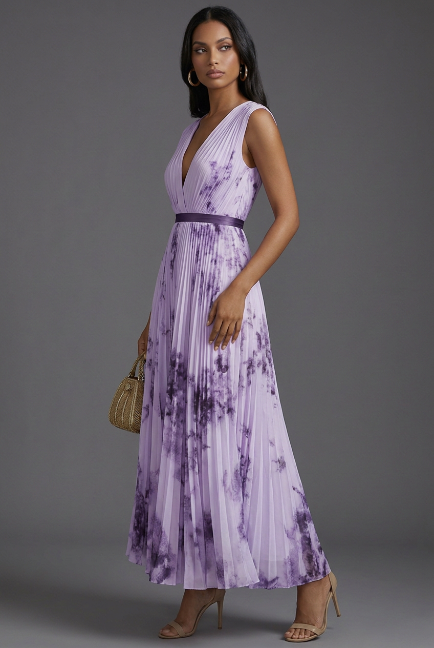 Montarello Women's V-Neck Pleated Floral Midi Wedding Guest Dress