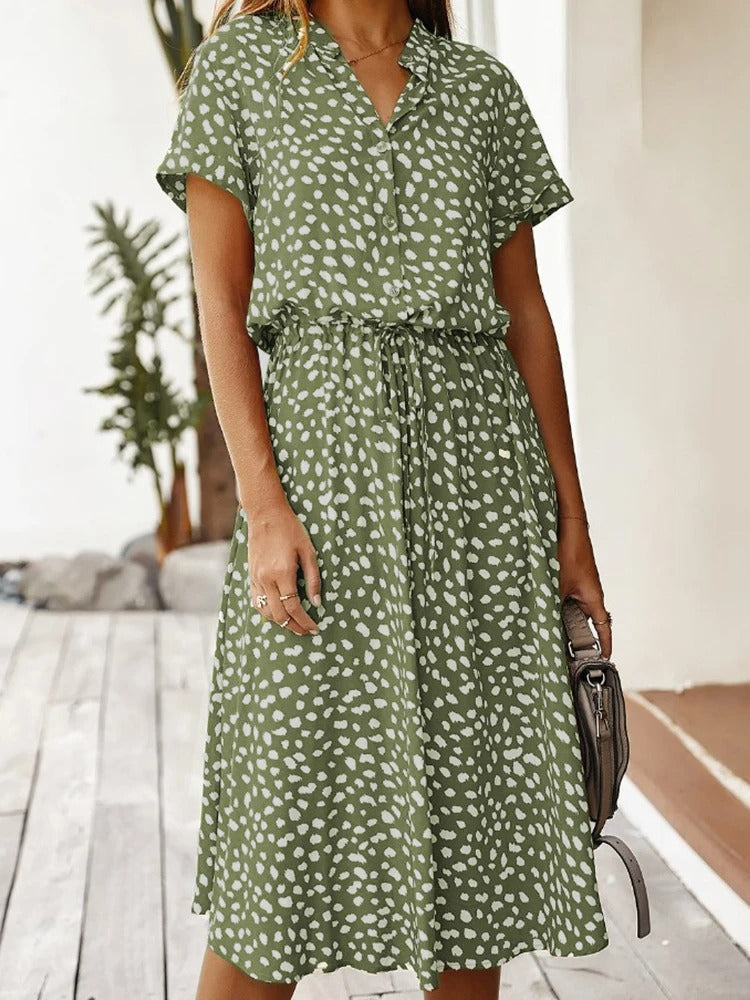 Montarello Women's Ditsy Print V-Neck Midi Dress Short Sleeve