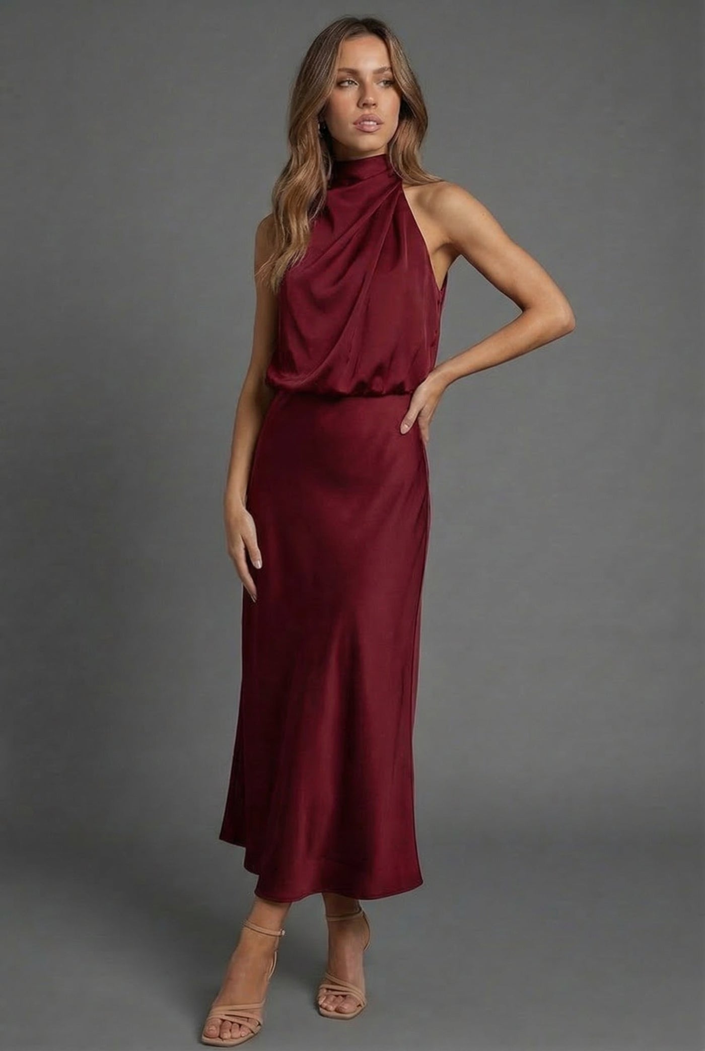 Montarello Women's Halterneck Satin-Look Wedding Guest Midi Dress