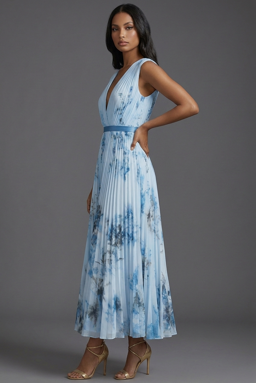 Montarello Women's V-Neck Pleated Floral Midi Wedding Guest Dress