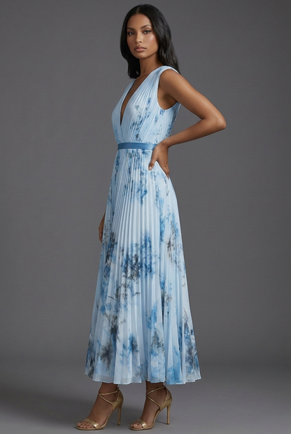Montarello Women's V-Neck Pleated Floral Midi Wedding Guest Dress