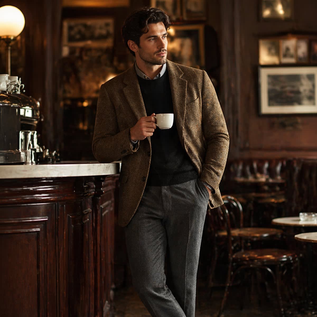 Montarello Men's Blazer Herringbone Wool-Blend Tailored