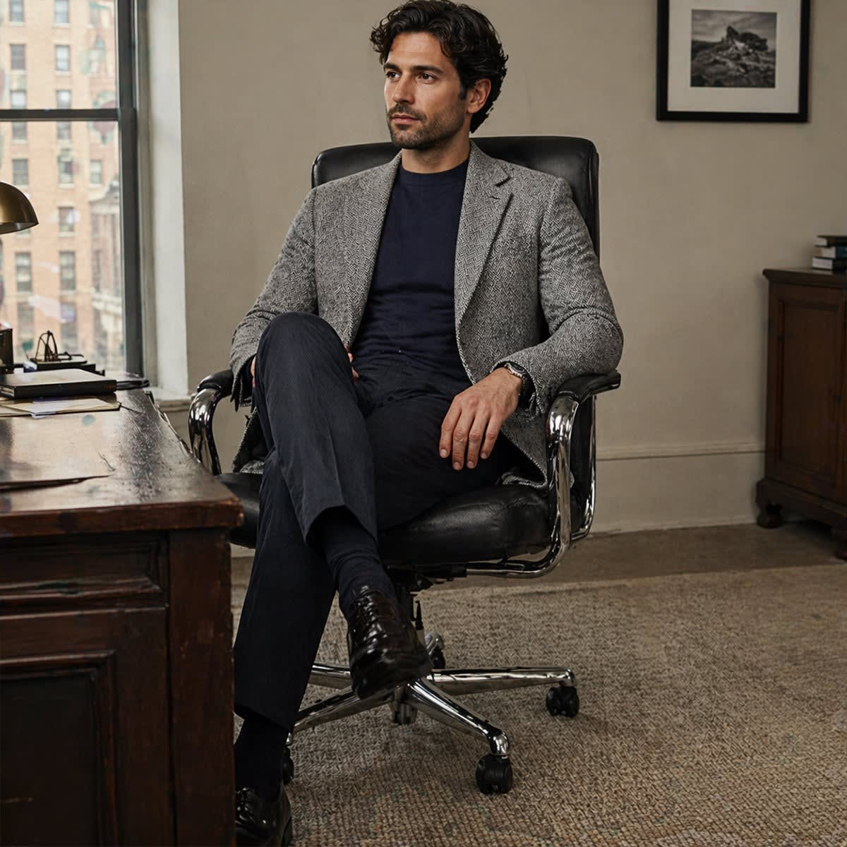 Montarello Men's Blazer Herringbone Wool-Blend Tailored