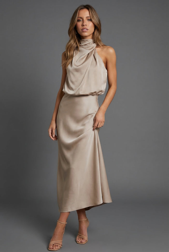 Montarello Women's Halterneck Satin-Look Wedding Guest Midi Dress