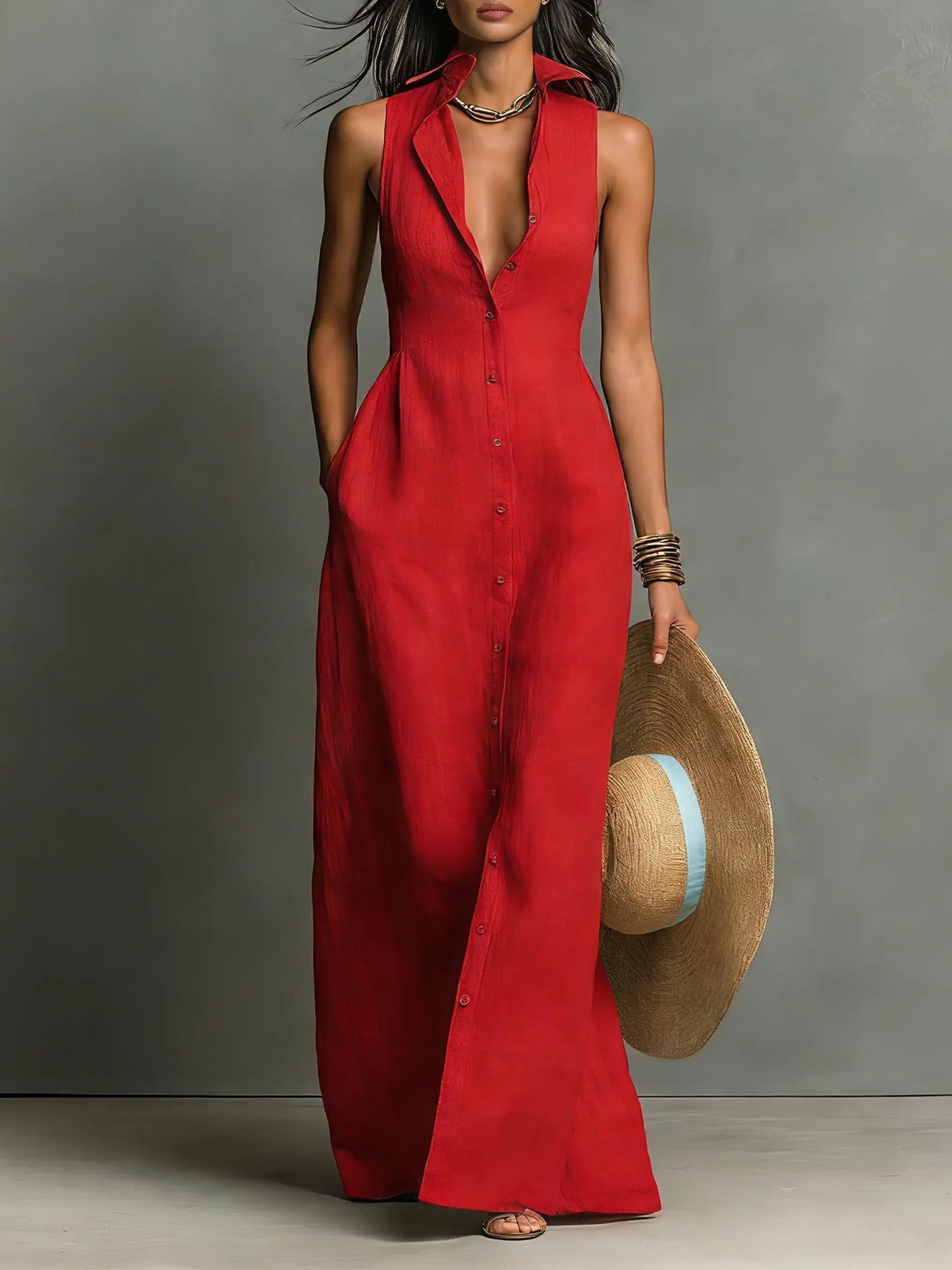 Montarello Women's Sleeveless Linen-Look Maxi Beach Cover-Up Dress