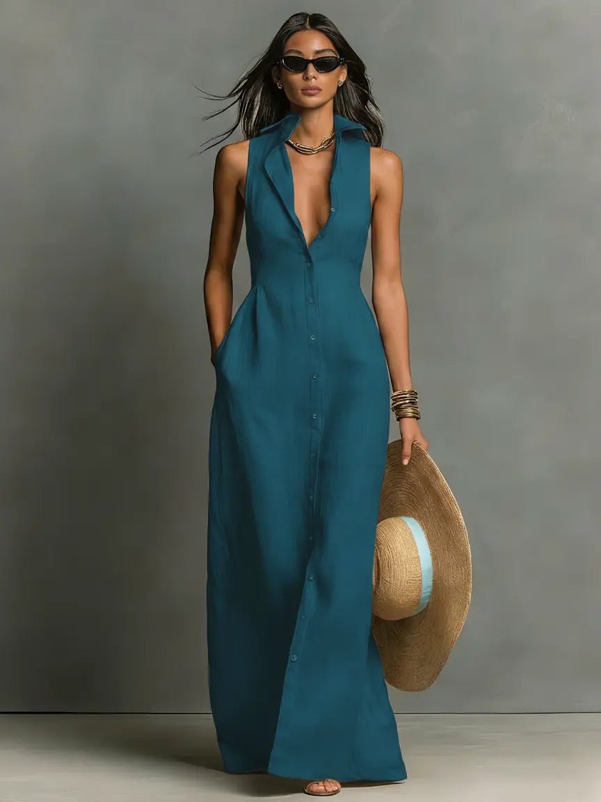 Montarello Women's Sleeveless Linen-Look Maxi Beach Cover-Up Dress